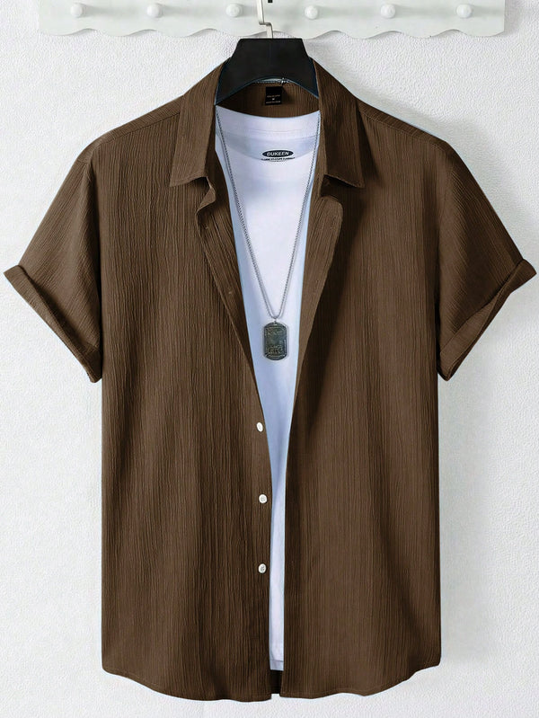 Manfinity Homme Men's Solid Color Single-Breasted Casual Office Short Sleeve Shirt Men Clothes Men Shirts